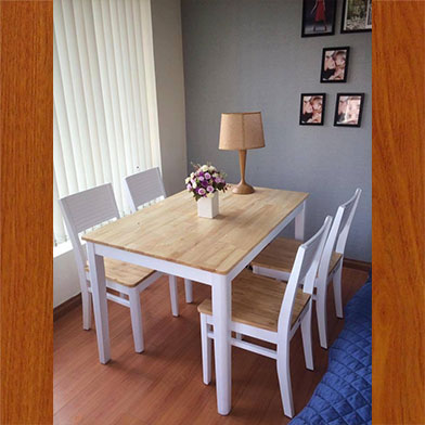 BỘ BÀN ĂN GỖ CAO SU TỰ NHIÊN 4 GHẾ MẪU NEW MODEL MÀU TRẮNG